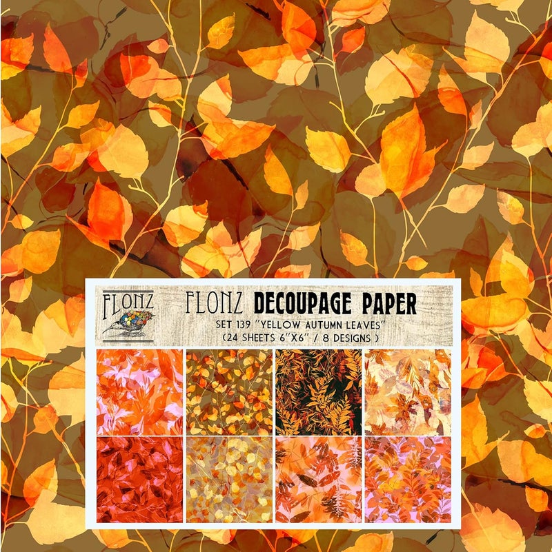 Decoupage Paper Pack (24 Sheets 6"x6") Yellow Autumn Leaves Vintage Styled Seamless Pattern Paper for Decoupage, Craft and Scrapbooking Golden Leaves Tree Grass